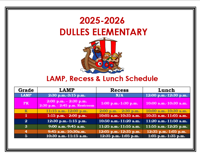  LAMP, Recess & Lunch Schedule
